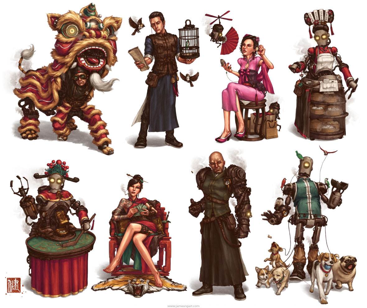 Steampunk character design concept art from the Imperial Steam and Light series.
