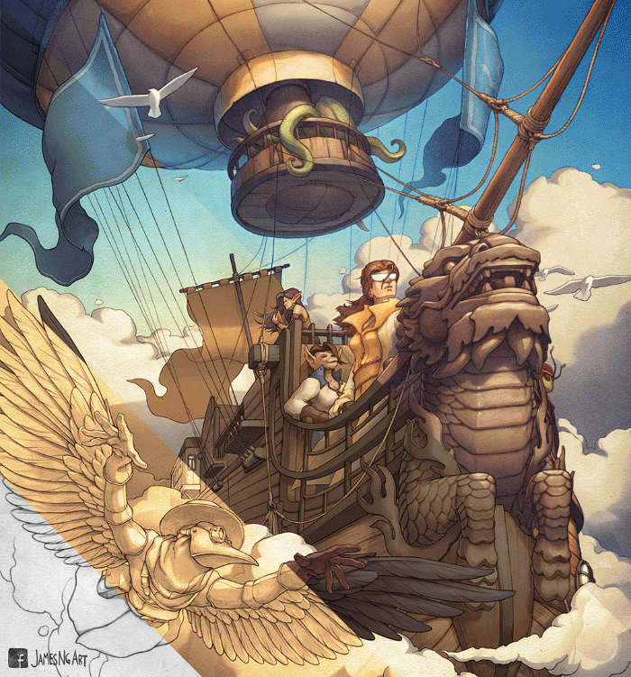 Step by step gif of steampunk airship illustration.