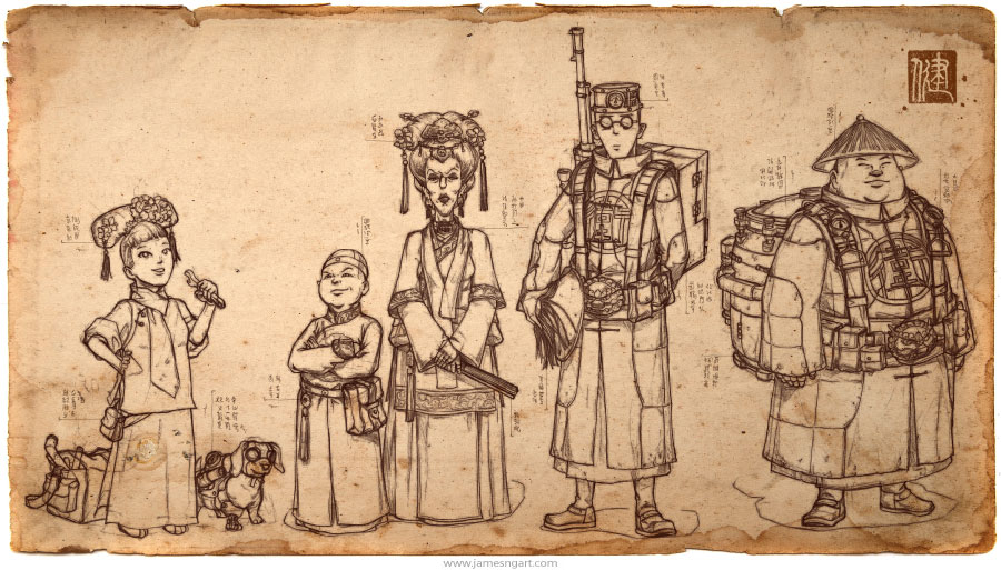 Asian steampunk Elder Council concept art sketches.