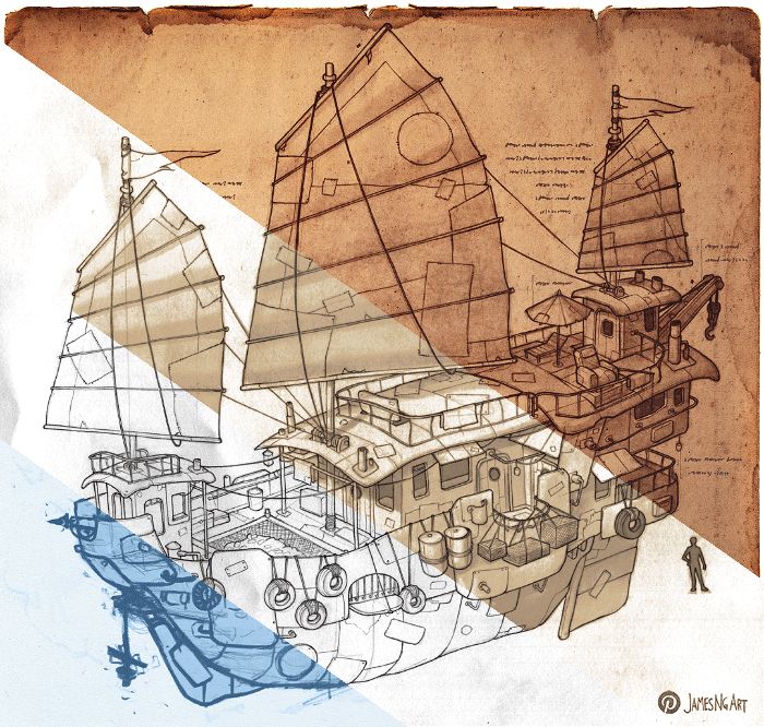 Process gif of Steampunk Junkboat concept art.