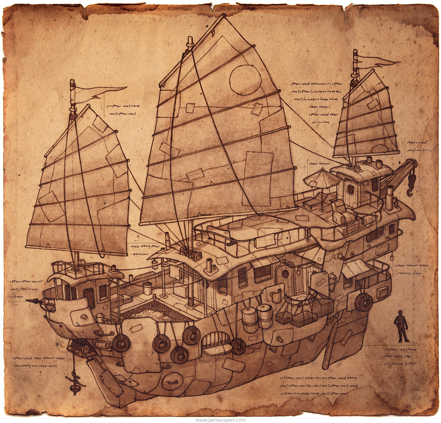Pencil illustration of steampunk junkboat concept art.