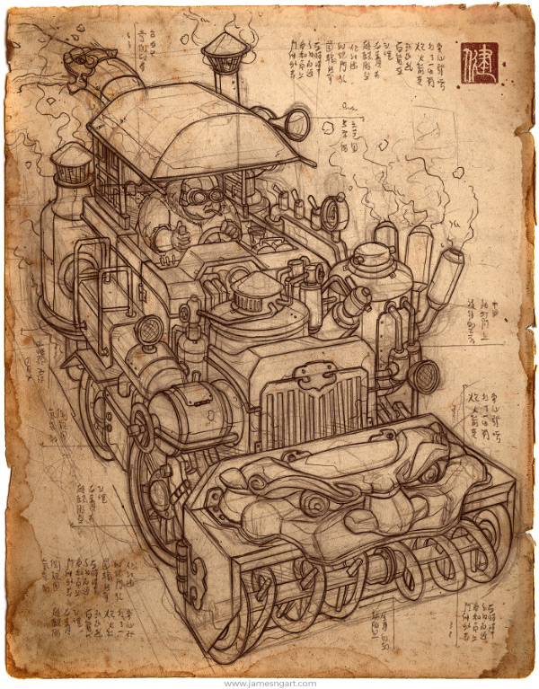 Sketch of Chimera snowblower tractor Asian steampunk art.