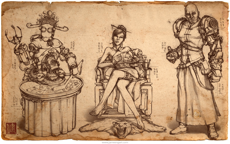 Sketch of Steampunk Gambling Den character illustration.
