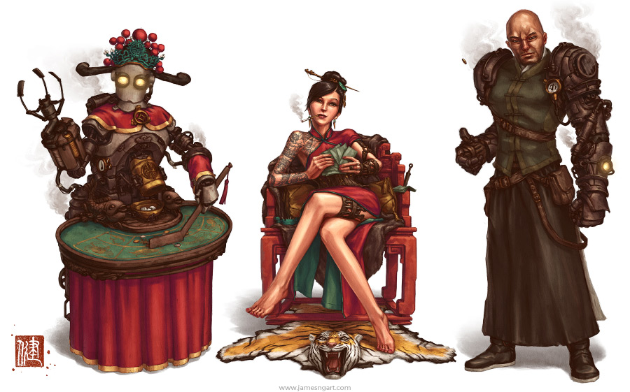 Gambling Den characters concept art Chinese steampunk illustration.