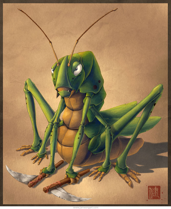 Grumpy Grasshopper fantasy art character design.