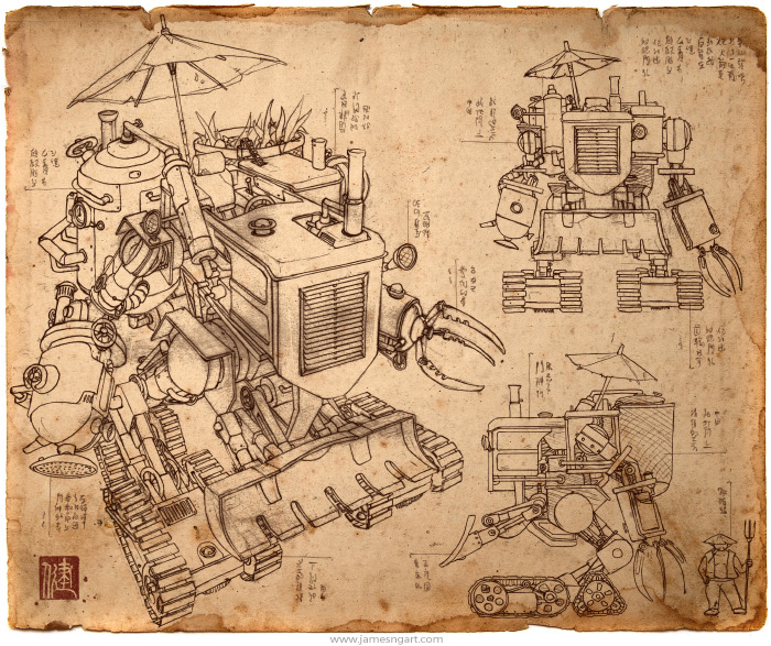 Draft of Asian steampunk Harvester farming mech design.