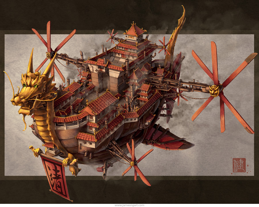 Chinese steampunk Imperial Airship flying castle concept art.