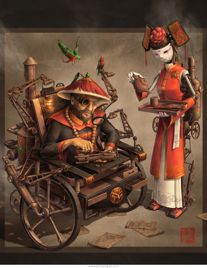 Chinese steampunk Imperial Inventor character design with clockwork robot assistant.