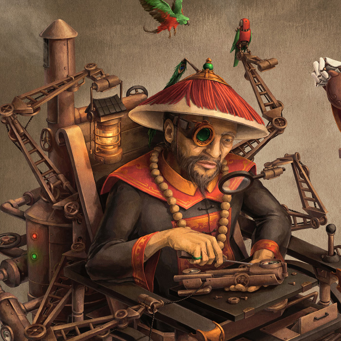 Detail of Chinese steampunk Imperial Inventor with steampunk birds.