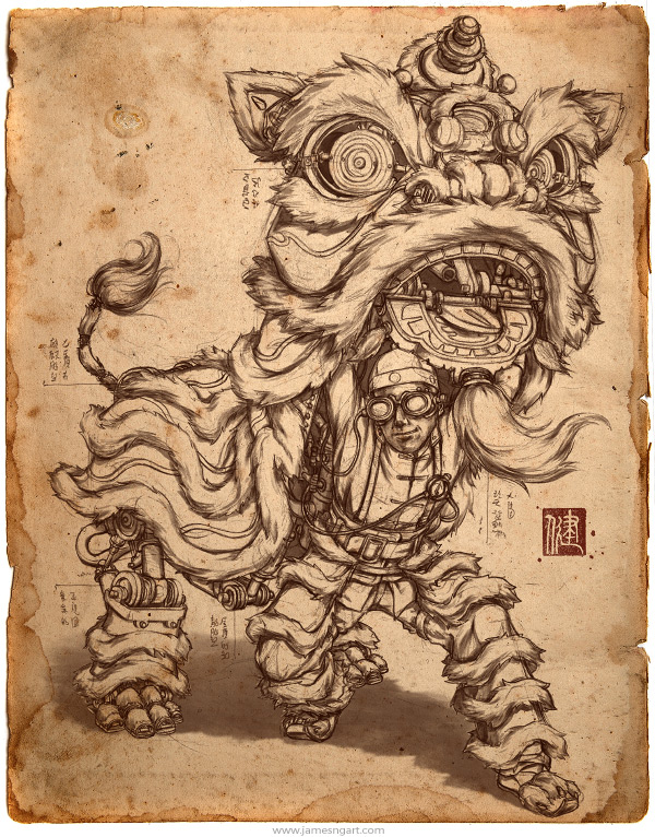 Draft of Clockwork Liondancer Asian steampunk concept art.