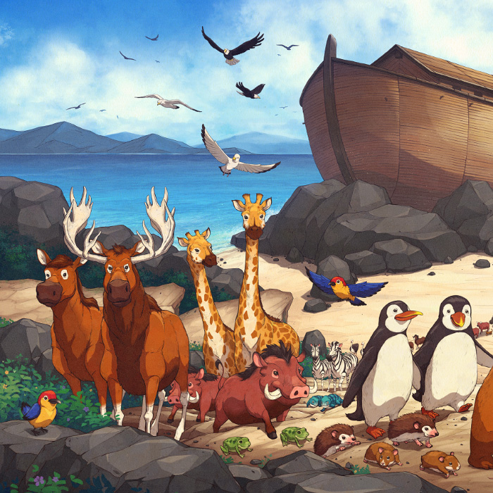 Moose, penguins, giraffes on Noah's Ark mural.
