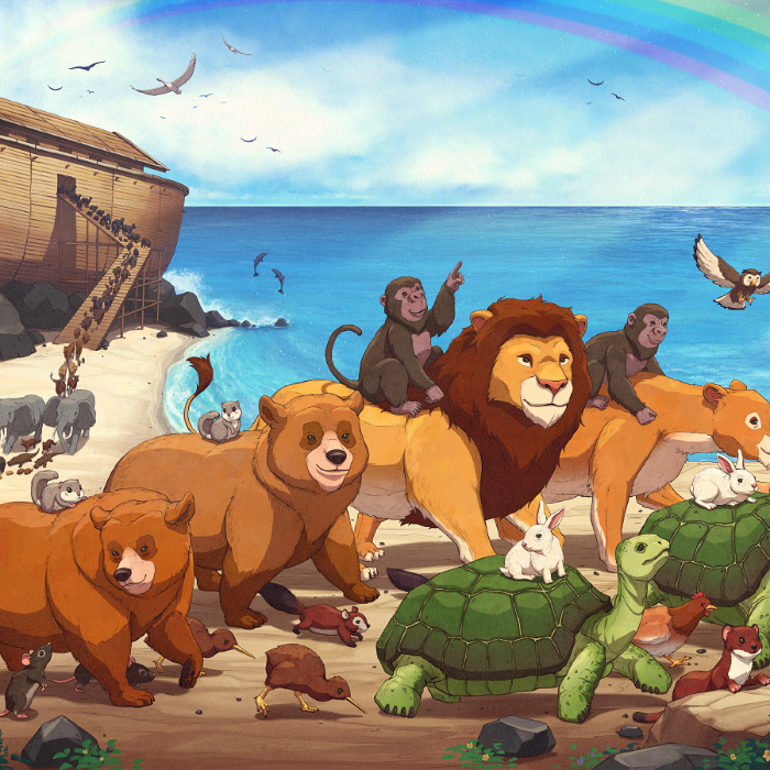 Bears, lions and tortoise on Noah's Ark mural.