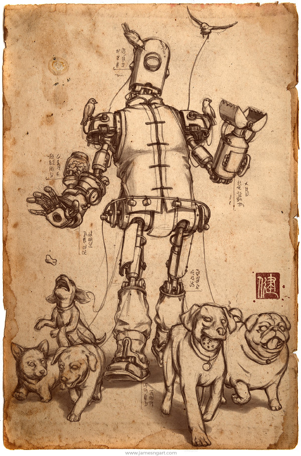 Draft of Steampunk dog walker robot illustration.