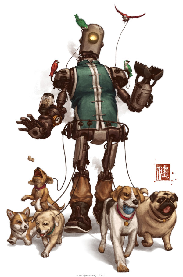 Pet Walker and puppies Asian steampunk concept art.