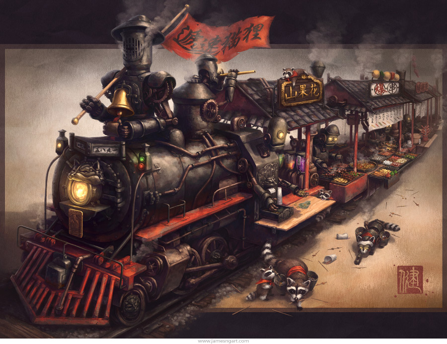 Raccoon Express Chinese steampunk food train illustration.