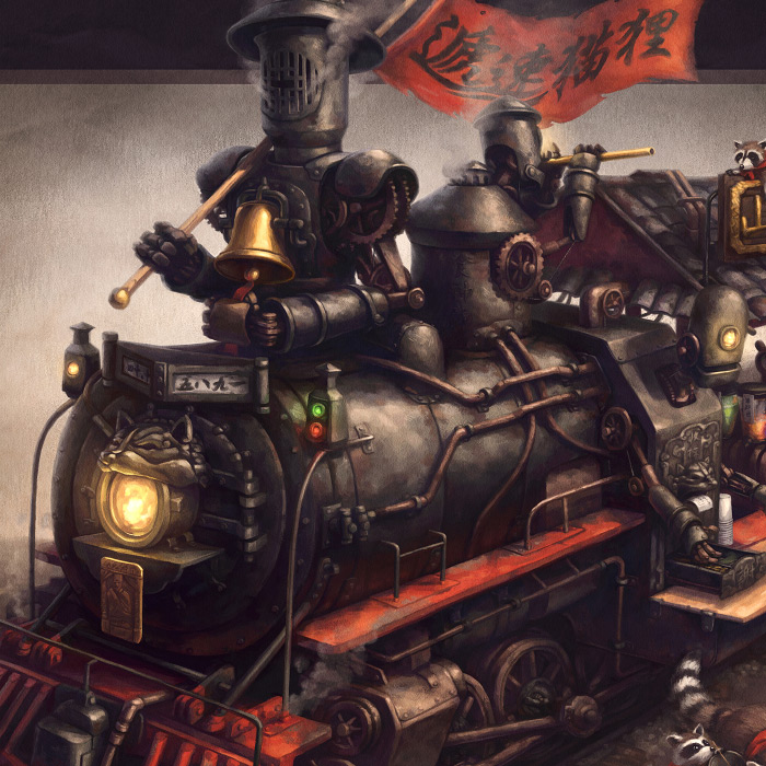Detail of Raccoon Express steampunk train and robot raccoons concept art.