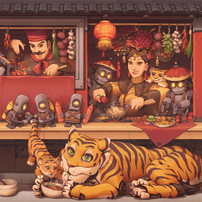 Empress with her robot and tiger assistants.