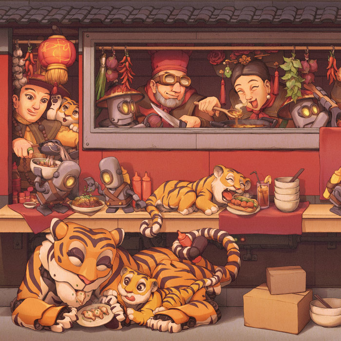 Chefs with steampunk tigers and robots.