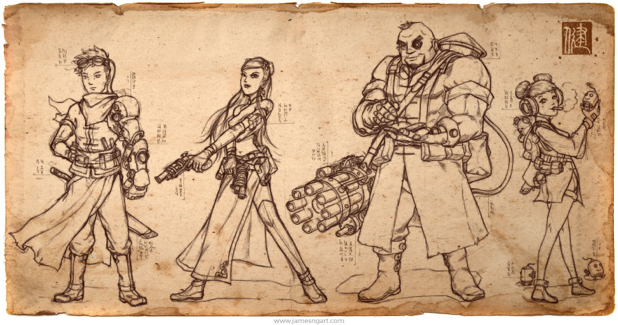 Chinese steampunk Lotus Clan character design drafts.