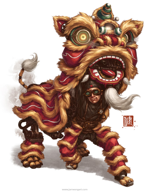 Clockwork Liondancer Chinese steampunk character art.