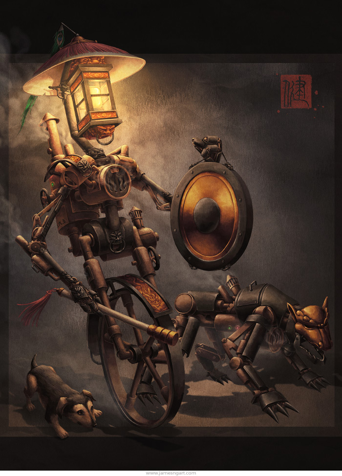 Night Patrol Chinese steampunk robot character art.