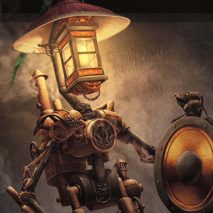 Detail of Night Patrol steampunk robot concept art.