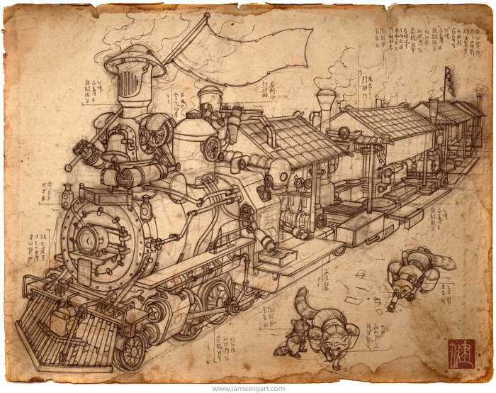 Draft of Raccoon Express Asian steampunk food train art.