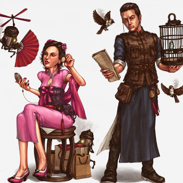 Teahouse steampunk character design concept art.